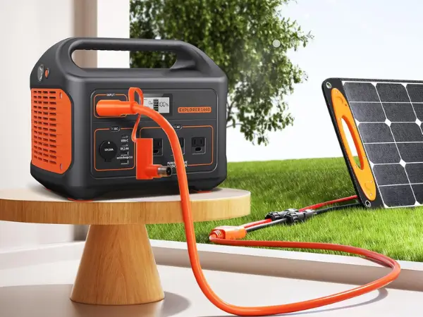 Conjunto de acessórios para estação de energia, incluindo cabos de recarga solar, adaptadores e uma bolsa de transporte protetora.