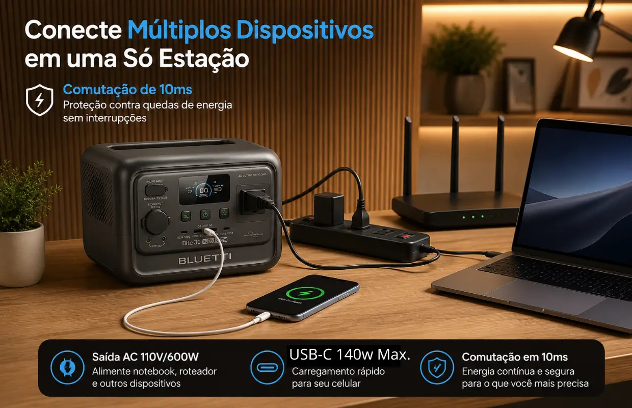 Estação de energia portátil Bluetti Elite 30 V2 conectada a notebook, roteador e smartphone, demonstrando o uso em home office e proteção UPS. "Imagem ilustrativa da estação de energia Bluetti Elite 30 V2 em ambiente de trabalho".