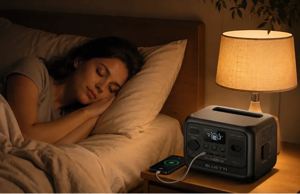 Estação de energia Bluetti Elite 30 V2 carregando celular e mantendo a luz acesa enquanto a mulher dorme tranquilamente.