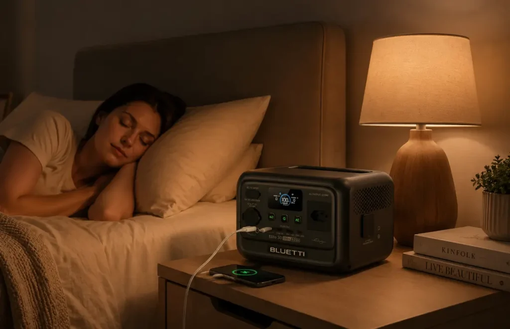 Estação de energia Bluetti Elite 30 V2 carregando celular e mantendo a luz acesa enquanto a mulher dorme tranquilamente.