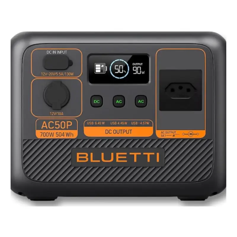 BLUETTI AC50P é uma estação de energia portátil com 268Wh/600W, indicada para quem procura uma das melhores estações de energia solar portáteis para uso residencial, camping e emergências.