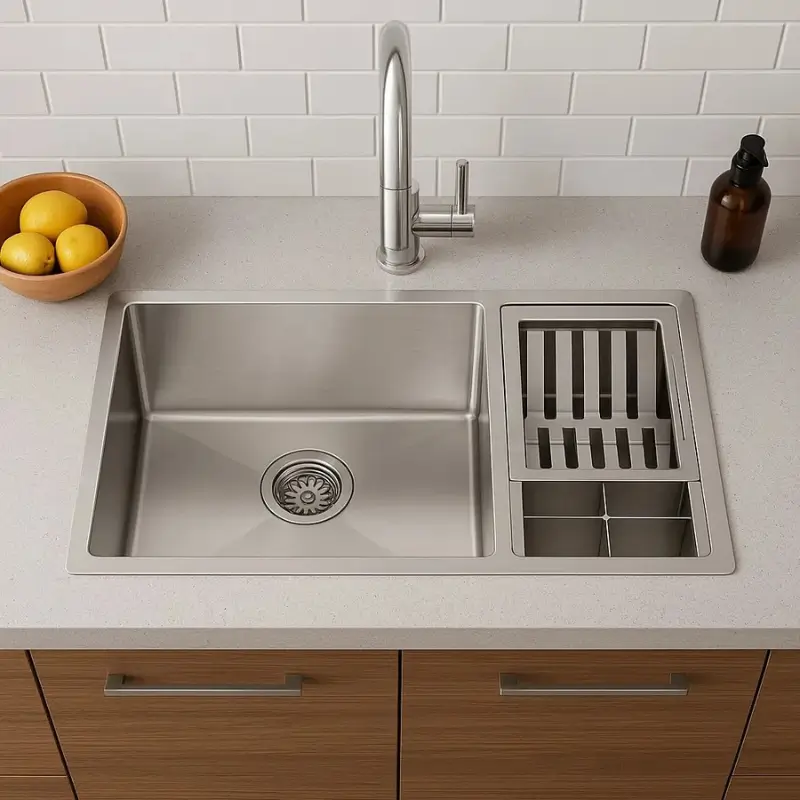 Melhores Kits de Pia Gourmet.
Este Kit de Pia Gouemet com Cuba com canal equipado Docol Bistrô em aço inox escovado instalada em uma bancada de cozinha moderna.