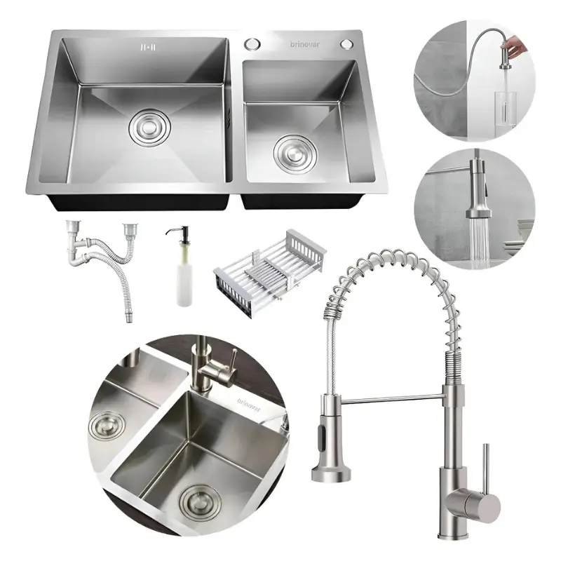 O Kit Cuba Dupla da Brinovar é a solução definitiva para quem busca sofisticação, robustez e praticidade na cozinha. Com um design gourmet e um acabamento escovado acetinado, este conjunto se destaca pela impressionante espessura de 3mm do aço, oferecendo uma durabilidade muito acima da média. Acompanhado de uma torneira gourmet extensível e um kit completo de acessórios, é ideal para cozinhas planejadas, ilhas e espaços gourmet que exigem um produto de alta performance e visual imponente.