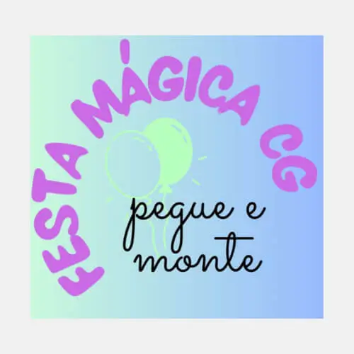 Logo da Festa Mágica CG Salão de Festas, com balões azuis e vermelhos, e a inscrição "Pegue e Monte" ou "Locação de Materiais".