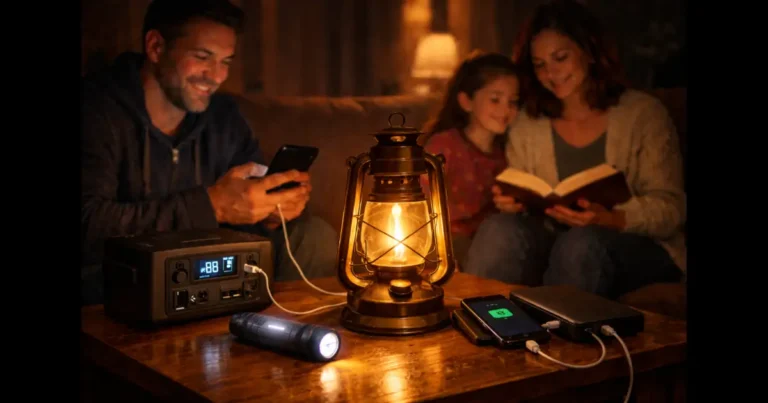 Família em casa, iluminada por um lampião a querosene, carregando celulares com uma estação de energia portátil e usando uma lanterna durante uma falta de energia. Imagem ilustra soluções de luz e energia para emergências.