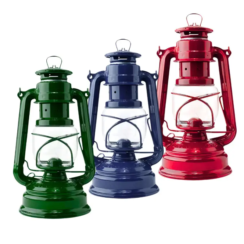 Lampião a querosene para falta de energia Western, nas cores verde, azul e vermelho, ideais para camping, decoração e emergência por apagão.