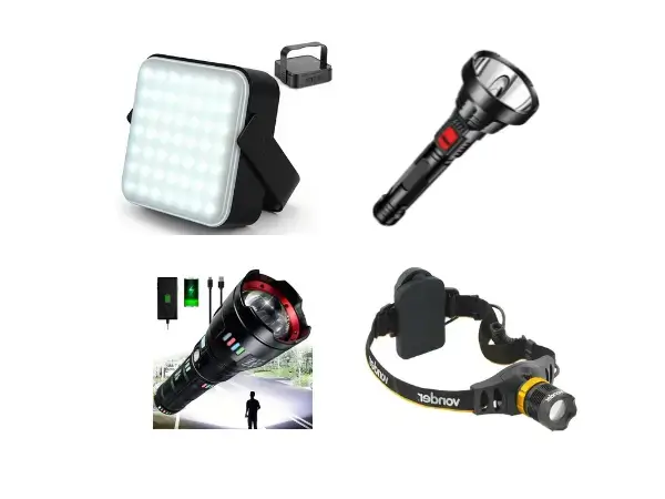 Lanterna tática militar preta LED Laser Pro e lanterna de cabeça recarregável, ideais para acampamento e emergência.