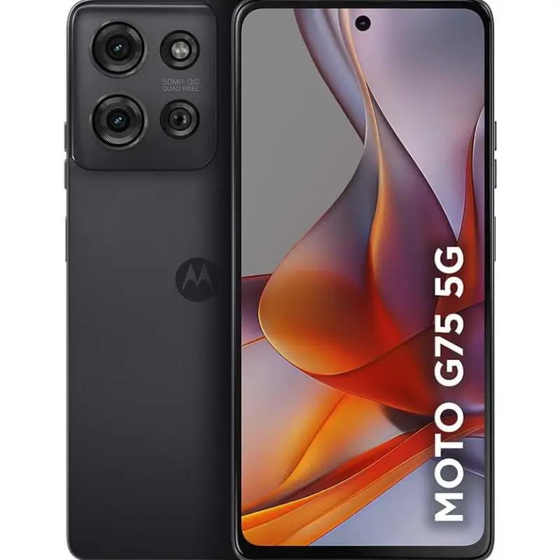 Smartphone Motorola Moto G75 5G preto, mostrando a tela de 120Hz e o design com acabamento matte, destacando o desempenho e a qualidade da câmera.