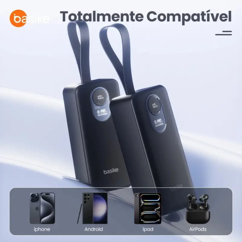 Power bank Basike preto 30000mAh com display digital e cabos Type-C e Lightning integrados para carregamento rápido de celular e tablet.