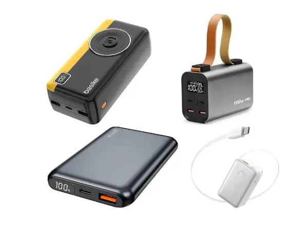 	Power banks de alta capacidade (30000mAh) com cabos integrados, mostrando a tela de carregamento rápido.