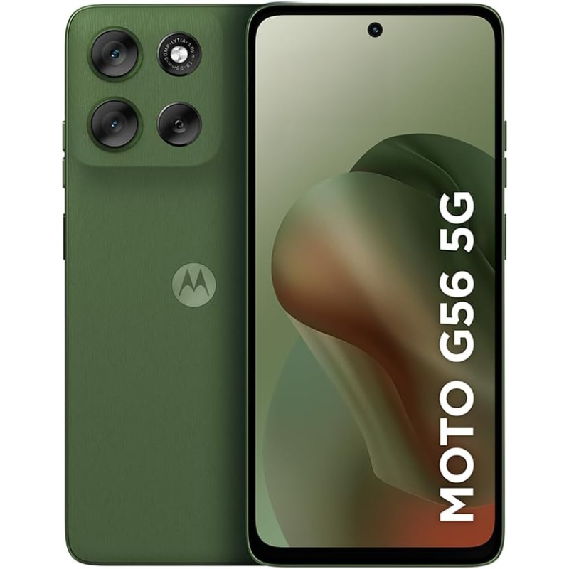 Celular Motorola Moto G56 5G preto, mostrando a tela FHD+ de 6.7 polegadas, com foco na resistência militar e nas câmeras Sony LYTIA.