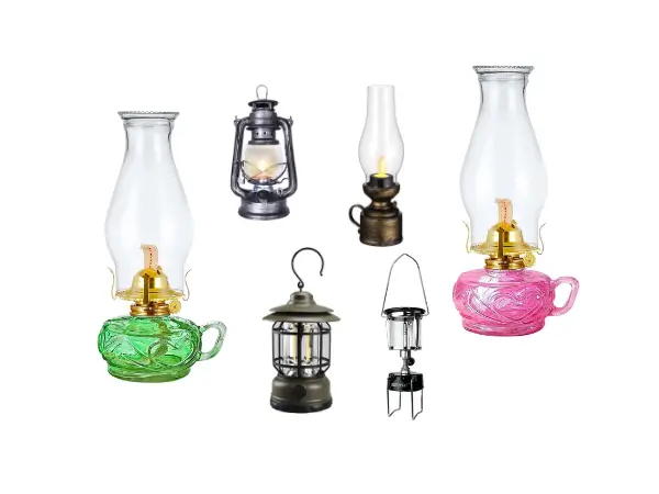 Coleção de lampiões e lamparinas a querosene e LED, com destaque para a opção retrô e luz de emergência.