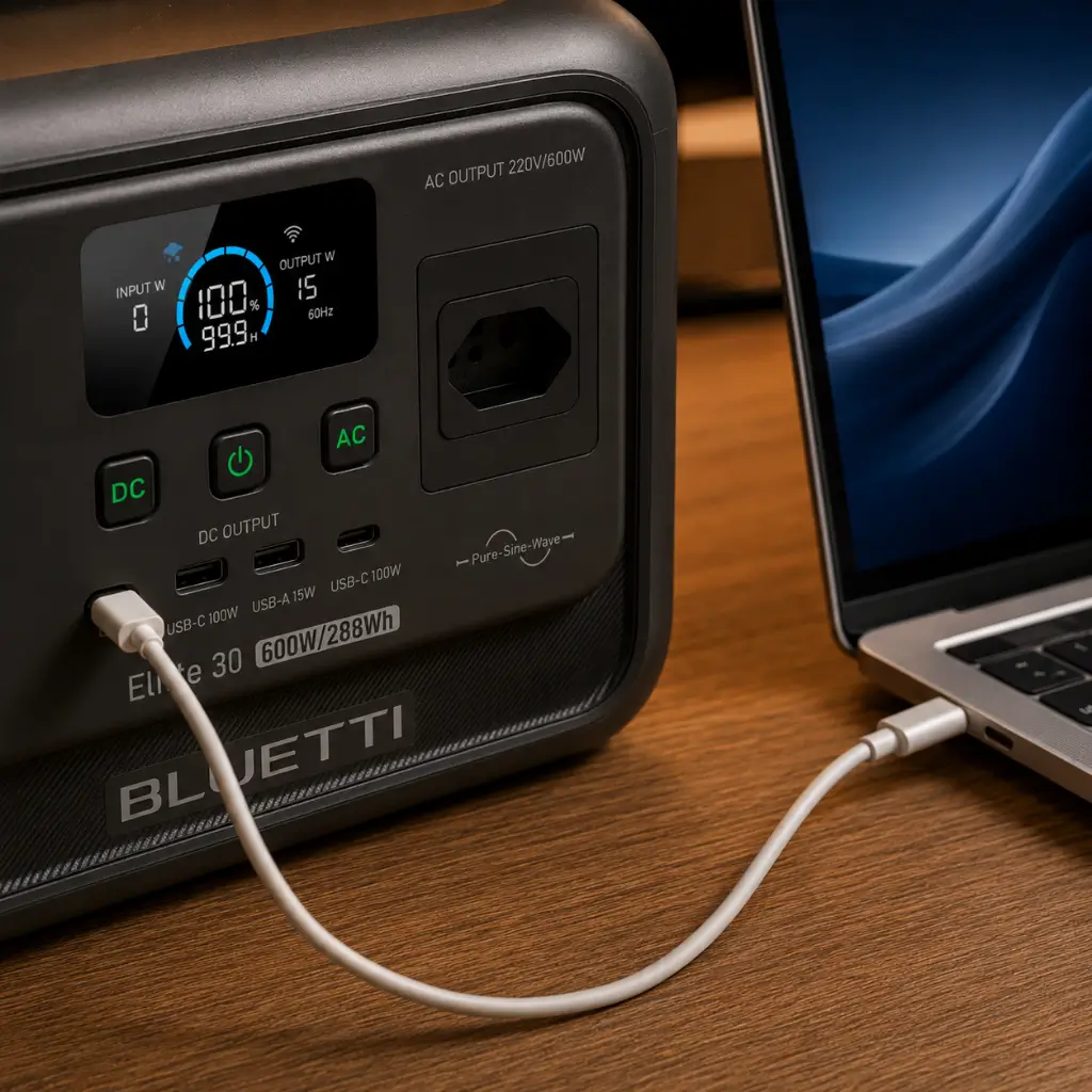 Detalhe do carregamento de notebook via porta USB-C PD 3.1 de 140W da estação Bluetti Elite 30 V2.