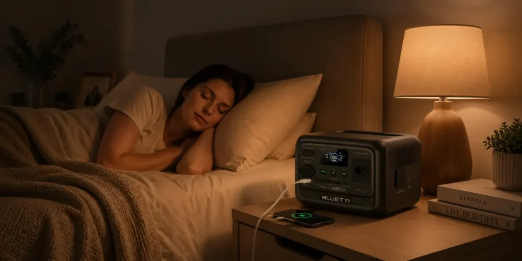 Estação de energia portátil Bluetti Elite 30 V2 em uso silencioso no quarto enquanto uma pessoa dorme.