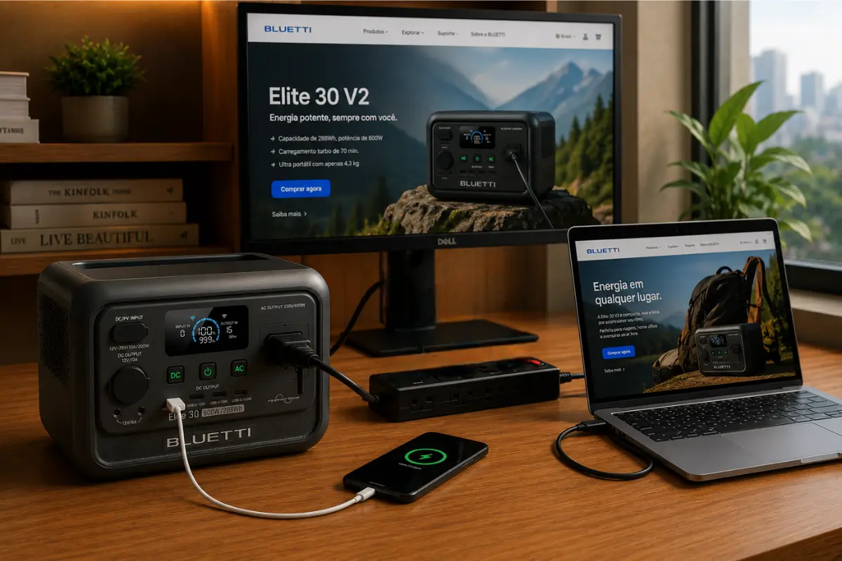 Estação de energia portátil Bluetti Elite 30 V2 integrada a um setup de home office moderno com monitor e notebook.