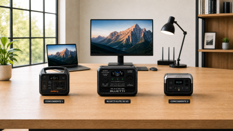 Comparativo das estações de energia Bluetti, EcoFlow e Jackery em um home office.