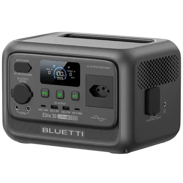 Estação de energia portátil Bluetti Elite 30 V2, gerador solar com 600W de potência e 288Wh de capacidade.