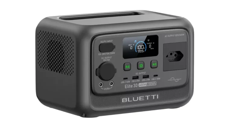 Estação de energia portátil Bluetti Elite 30 V2, gerador solar de 600W com bateria LiFePO4 e display digital. Por que: Descreve o que é o produto e inclui palavras-chave essenciais (gerador solar, 600W, LiFePO4).