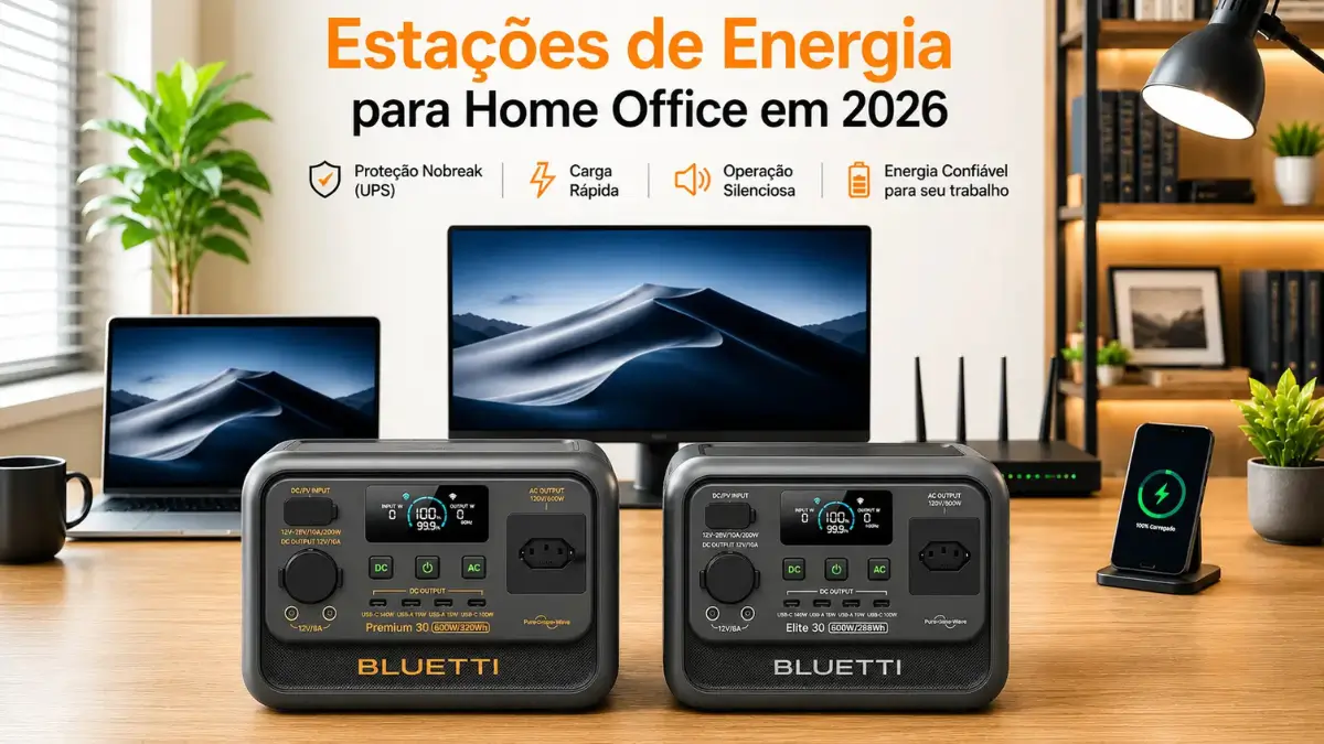 Comparativo visual das estações de energia Bluetti Premium 30 V2 e Elite 30 V2 em um setup de home office com ícones de especificações técnicas.