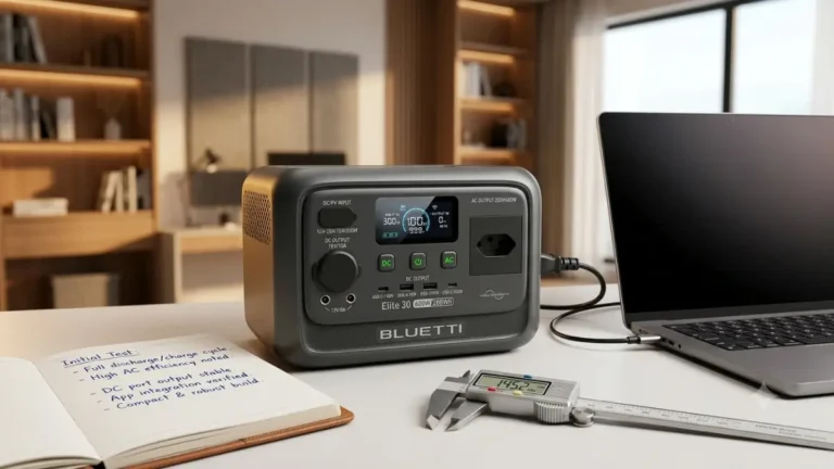 Review Bluetti Elite 30 V2: Ilustração técnica representando a análise de especificações da estação de energia portátil para camping e home office.