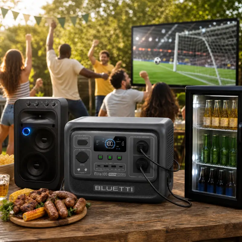Estação de energia Bluetti Elite 100 V2 alimentando frigobar e caixa de som em um churrasco de Copa do Mundo.