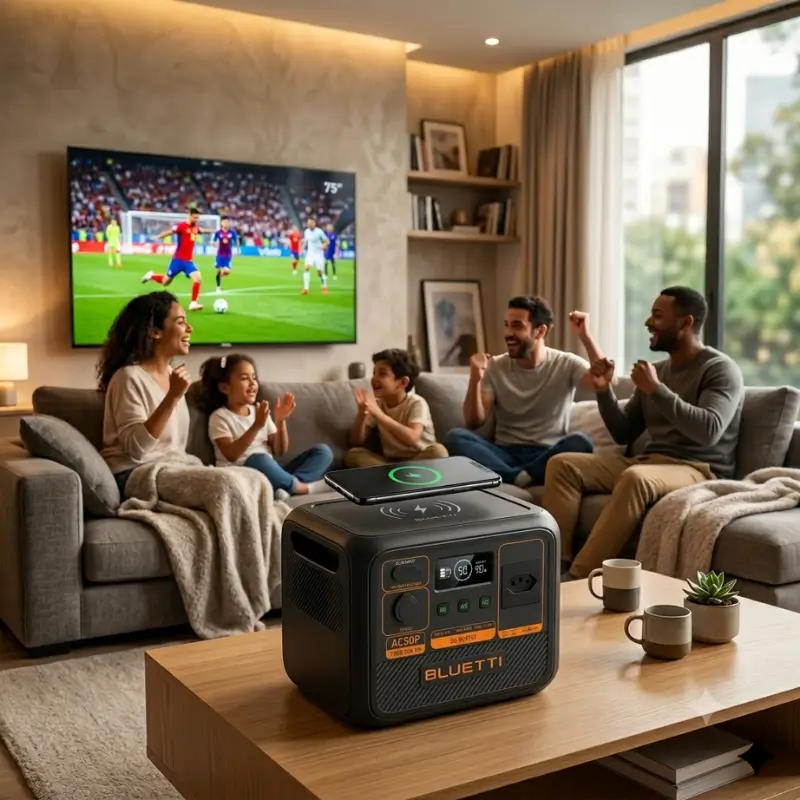 Estação de energia Bluetti AC50P carregando celular via indução em uma sala de estar com família assistindo futebol.
