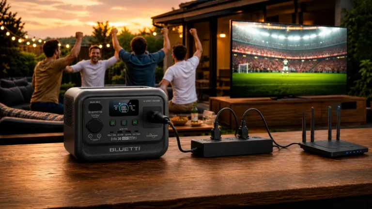 Bluetti Elite 30 V2 uma das melhores estações de energia para a copa, alimentando TV e roteador Wi-Fi durante jogo de futebol.