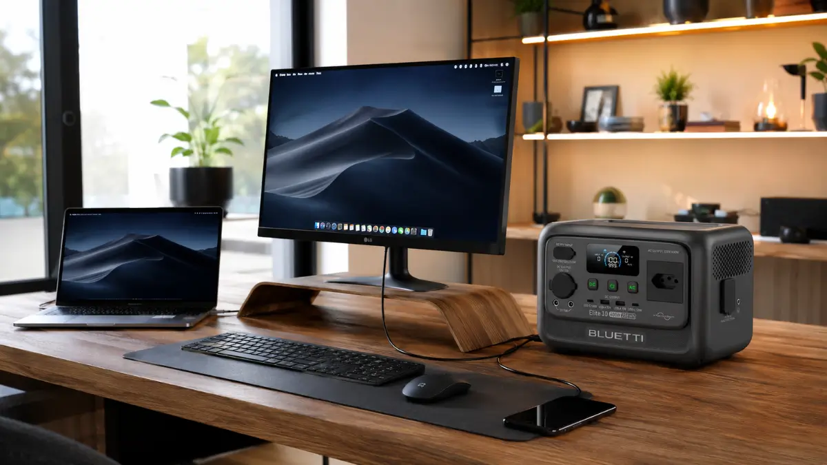 Estação de energia para home office Bluetti Elite 30 V2 posicionada em uma mesa de trabalho moderna com notebook e monitor de fundo.