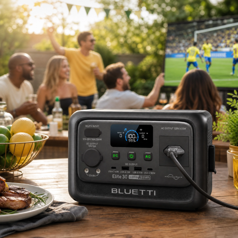 Estação de energia Bluetti Elite 30 V2 alimentando uma TV em um evento de lazer ao ar livre com amigos.