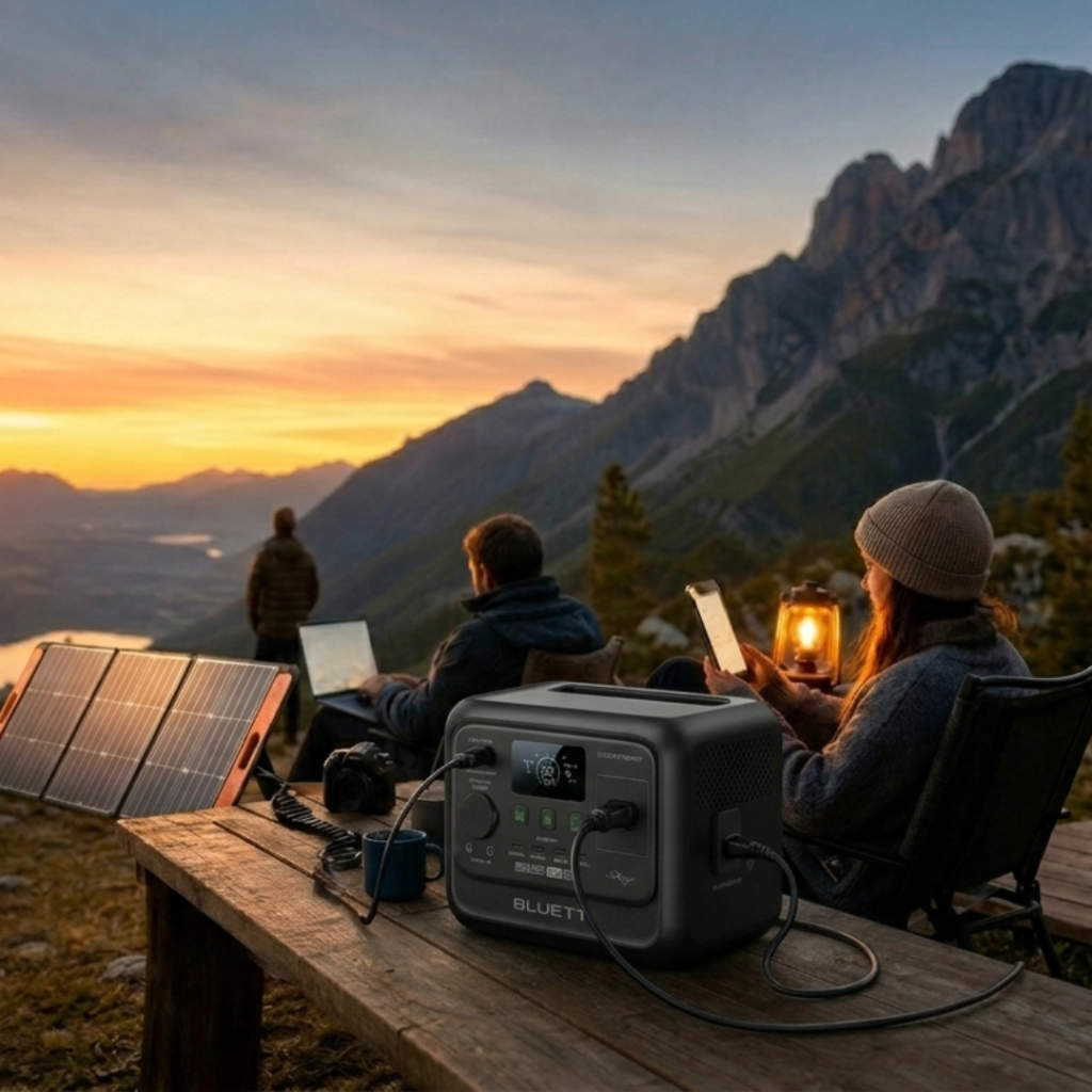 Estação de energia portátil Bluetti Elite 30 V2 sendo usada em um acampamento nas montanhas para alimentar notebooks e iluminação ao pôr do sol.