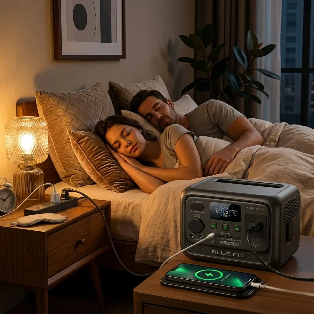 Estação de energia Bluetti Elite 30 V2 carregando celular e alimentando abajur silenciosamente em um quarto.