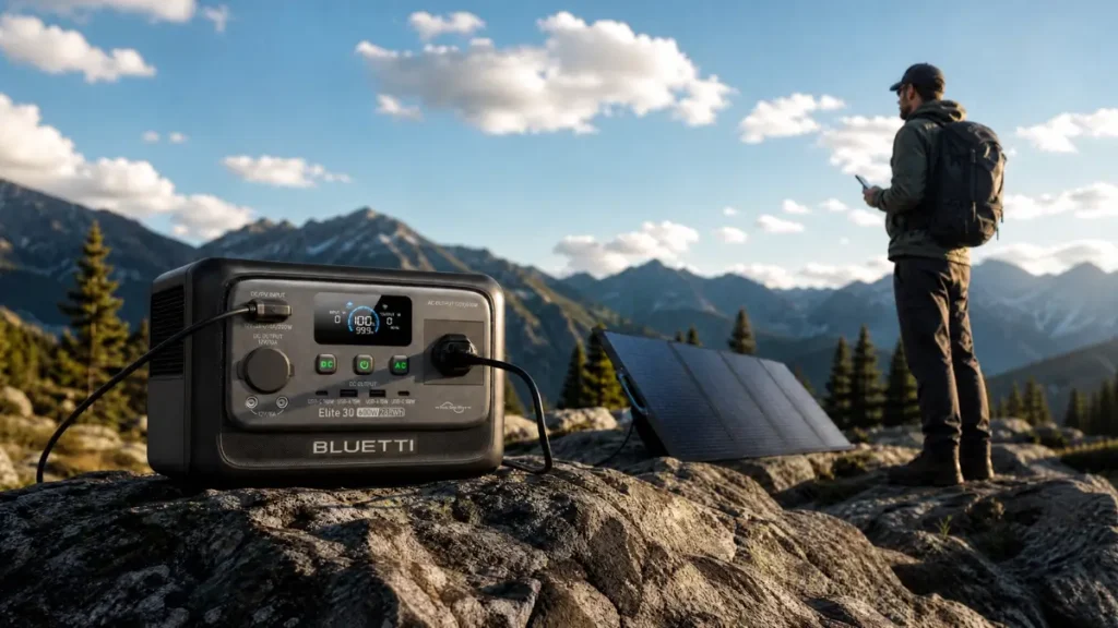 Estação de energia portátil Bluetti Elite 30 V2 vale a pena, em acampamento nas montanhas, tem mais autonomia quando equipadas com painel solar.