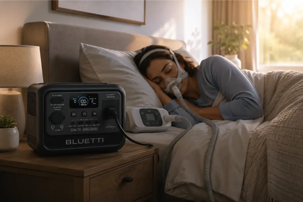 Estação de energia portátil Bluetti Elite 30 V2 vale a pena, está alimentando um aparelho médico CPAP silenciosamente enquanto uma pessoa dorme.