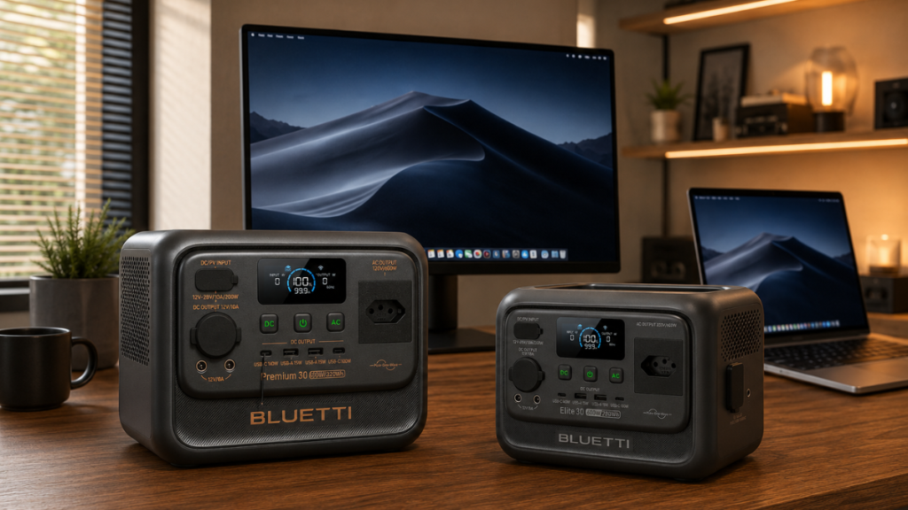 Comparativo das estações de energia portáteis Bluetti Premium 30 V2 (320Wh) e Elite 30 V2 (288Wh) em uma mesa de trabalho.