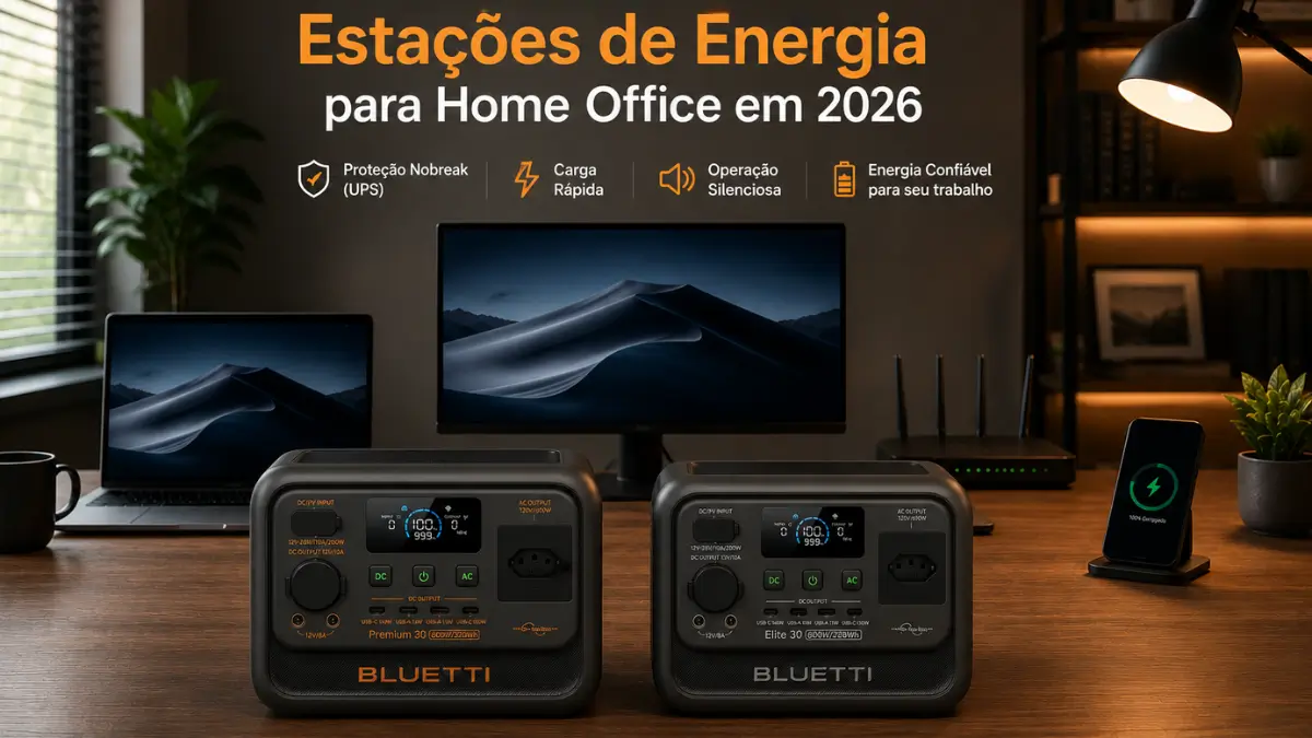 Comparação lado a lado das estações de energia Bluetti Elite 30 V2 e Premium 30 V2 em uma mesa de madeira.