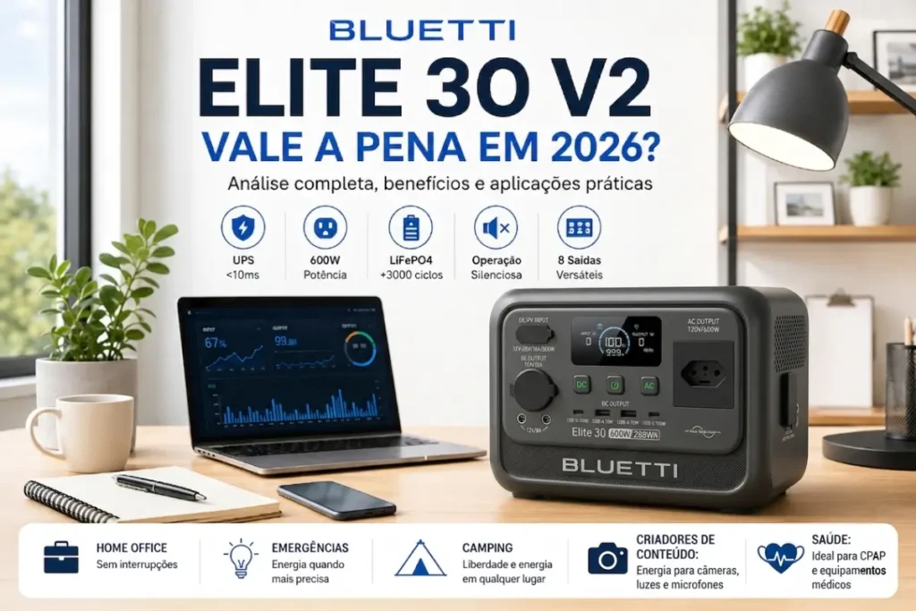 Infográfico das principais vantagens técnicas da estação Bluetti Elite 30 V2.