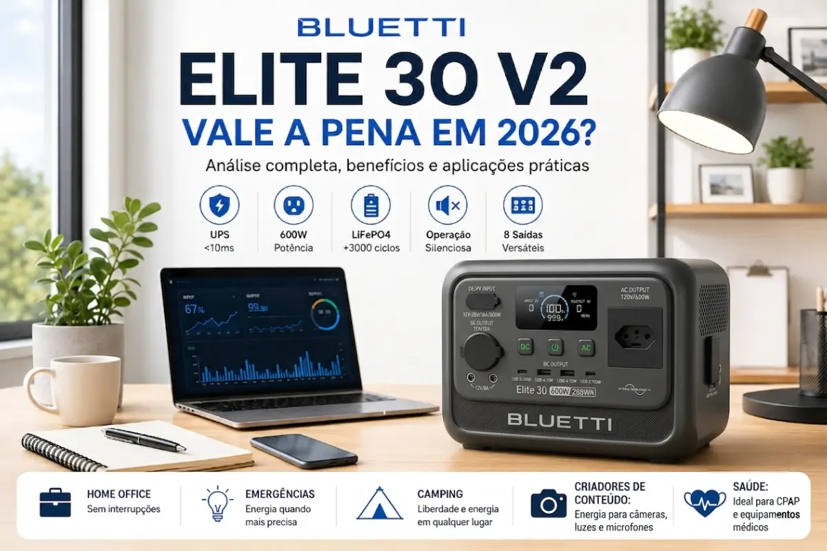 Infográfico das principais vantagens técnicas da estação Bluetti Elite 30 V2.