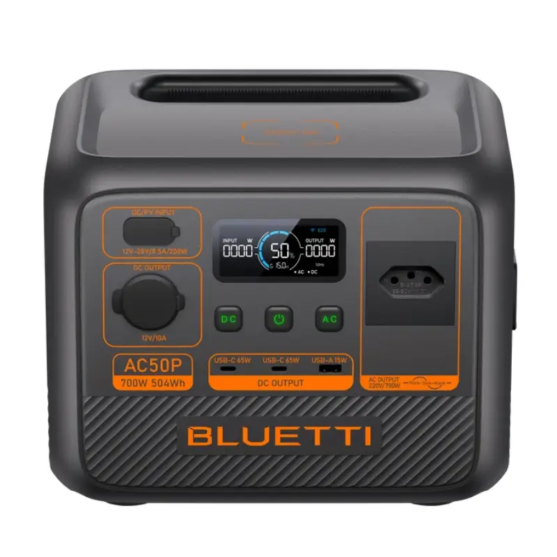 Gerador solar portátil Bluetti AC50P com 700W de potência e carregamento sem fio, ideal para suporte a equipamentos médicos, roteadores e eletrônicos essenciais em situações de emergência.