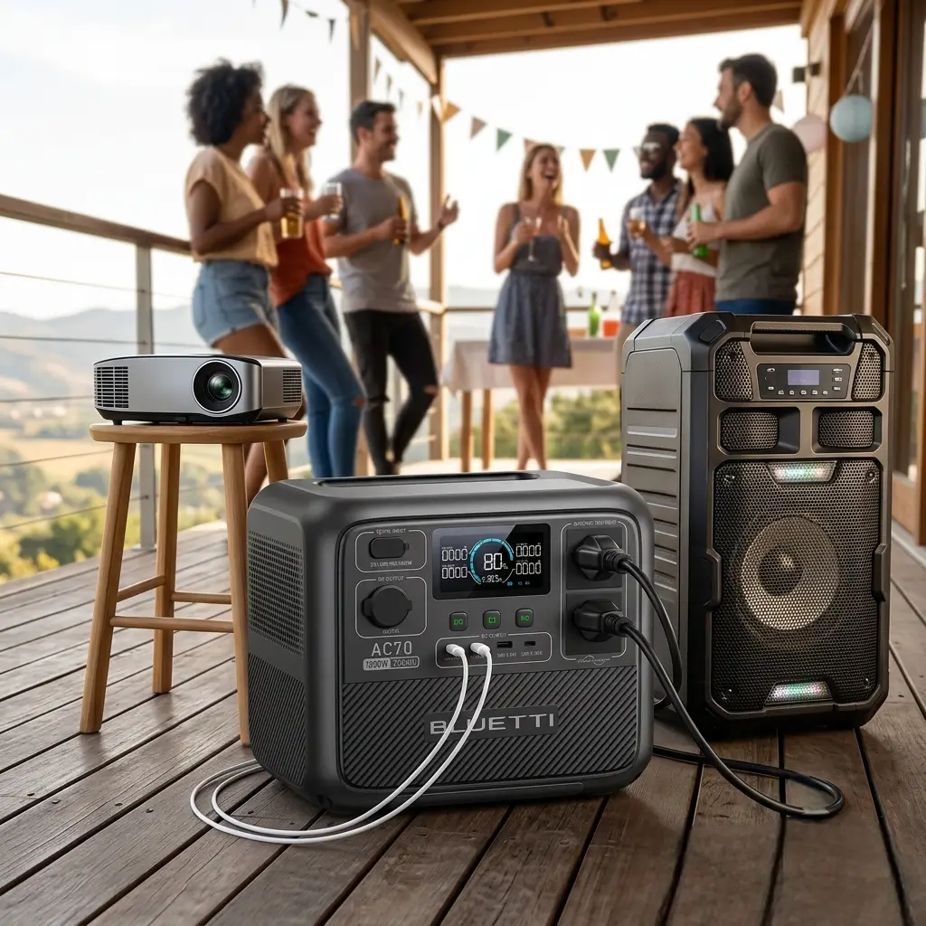 Gerador solar portátil Bluetti AC70 com 1.000W de potência e função UPS para proteção automática de eletrônicos e suporte a eletrodomésticos em quedas de energia.