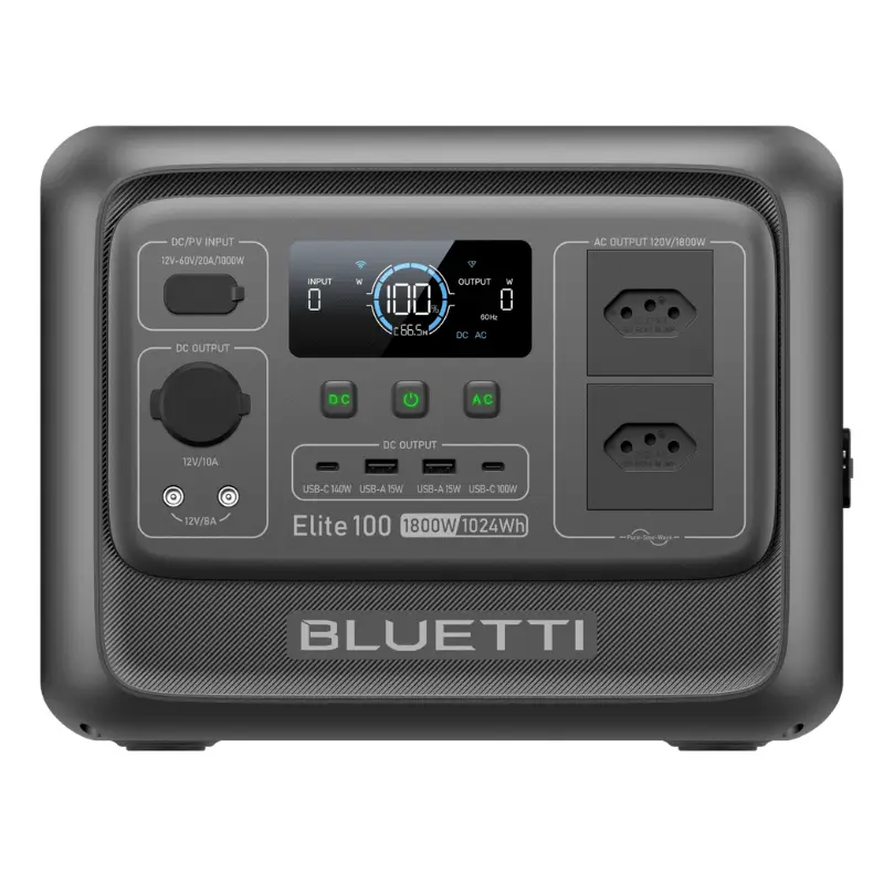 Gerador solar portátil Bluetti Elite 100 V2 com 1.800W de potência, ideal para manter geladeiras e eletrodomésticos essenciais funcionando durante apagões e crises energéticas.