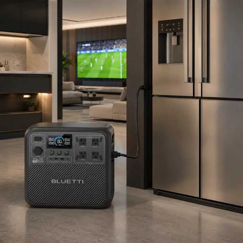 Gerador solar portátil Bluetti Elite 200 V2 com 2.600W de potência e alta durabilidade, ideal para backup residencial total, sobrevivencialismo urbano e manutenção de grandes eletrodomésticos em crises prolongadas.