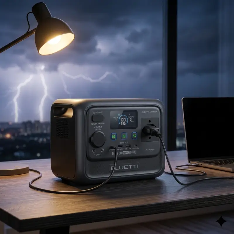 Gerador solar portátil Bluetti Elite 30 V2 com 600W de potência sendo utilizado como backup de energia para segurança residencial e emergências.